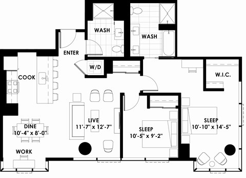 Floor plan for 2 beds, 2 baths, 1109 sqft